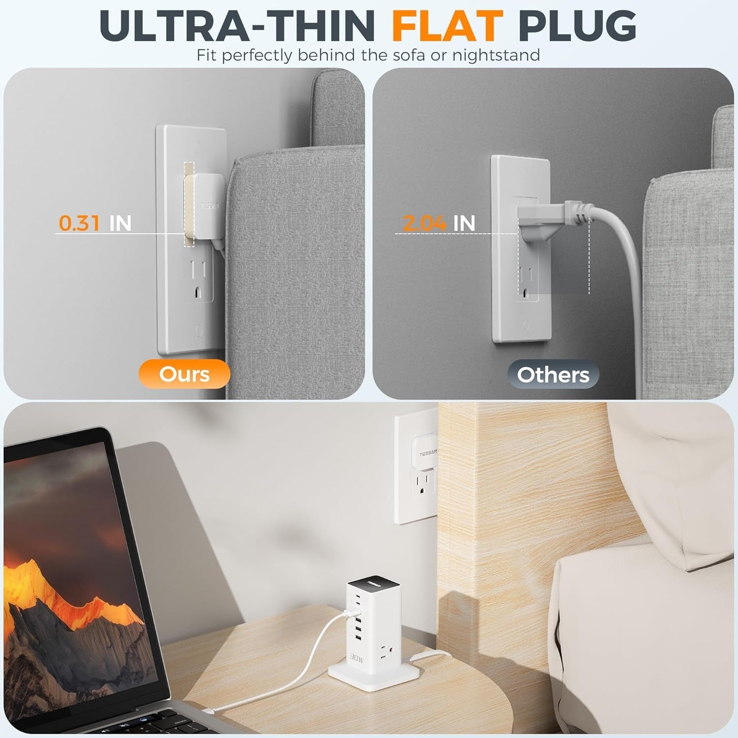 Extension cord with ultra-thin flat plug designed as a desktop charging station for multiple devices behind sofa or nightstand