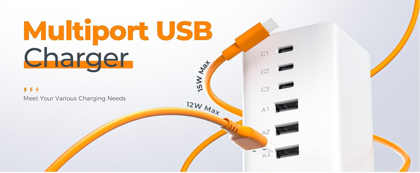 Multiport USB desktop charging station for multiple devices with multiple charging ports and orange cables