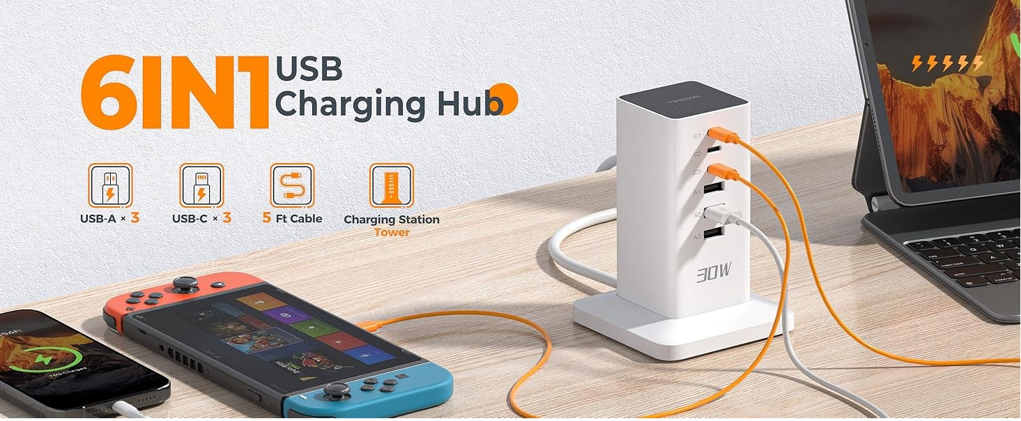 6-in-1 desktop charging station for multiple devices with USB-A, USB-C ports, and extension cord