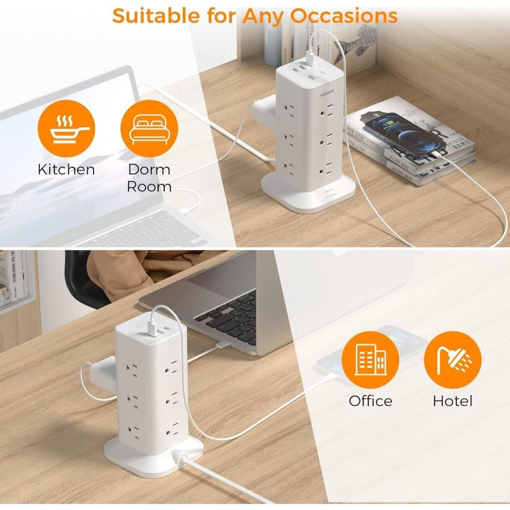 VMIDirect Flat Plug Extension Cord with multiple outlets for home, office, and travel use