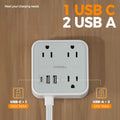 Flat Plug Power Strip with 1 USB-C and 2 USB-A Ports for convenient charging options