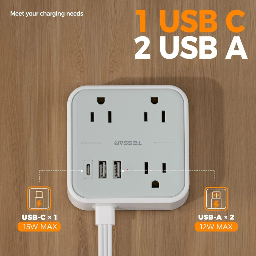 Flat Plug Power Strip with 1 USB-C and 2 USB-A Ports for convenient charging options