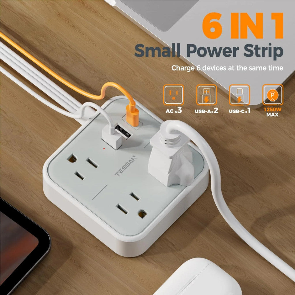 VMIDirect Flat Plug Power Strip with 6-in-1 Charging for multiple devices simultaneously