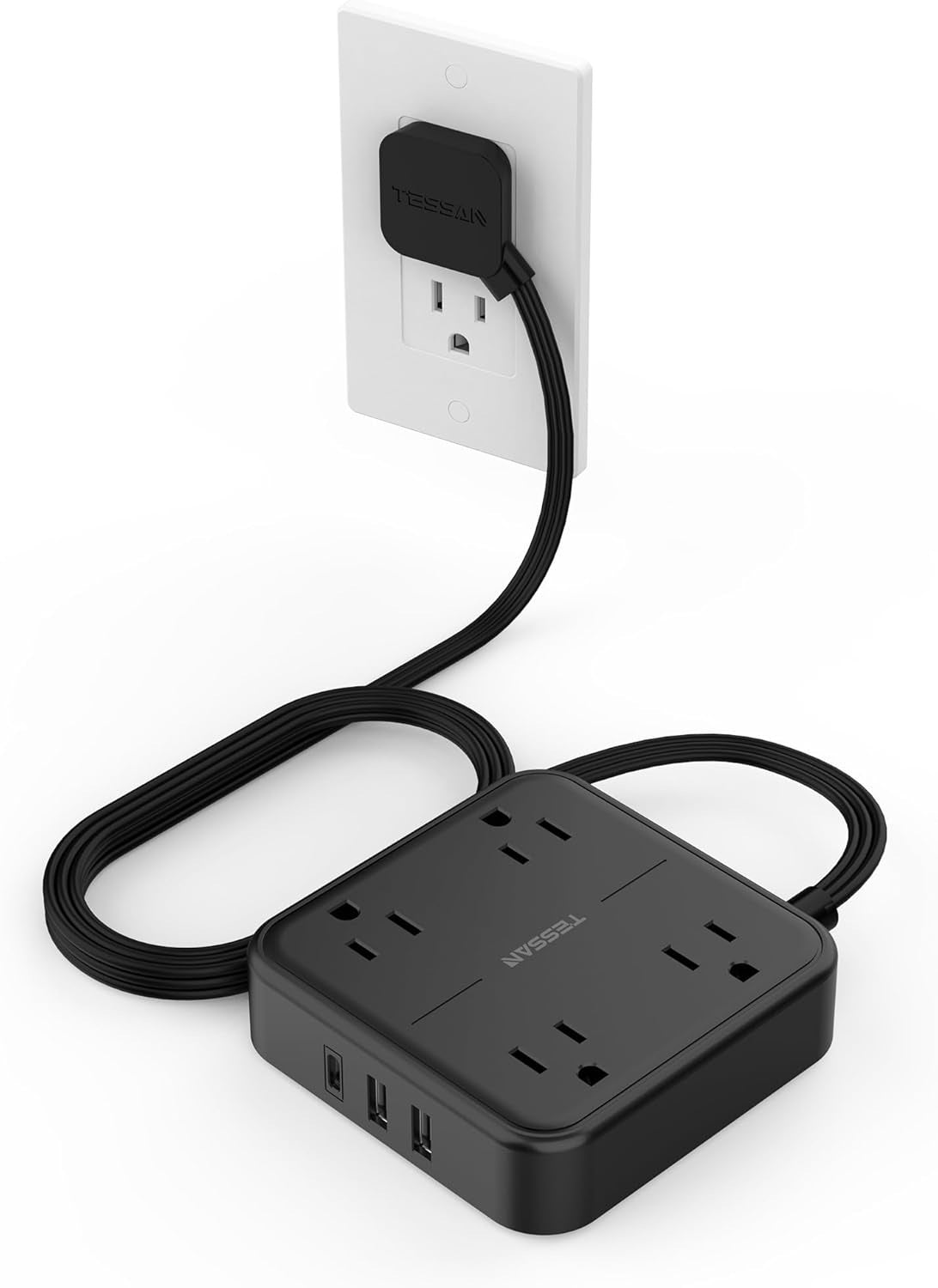 Black extension cord flat plug power strip with four outlets and USB ports