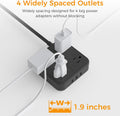 Flat plug power strip with 4 widely spaced outlets supporting large power adapters