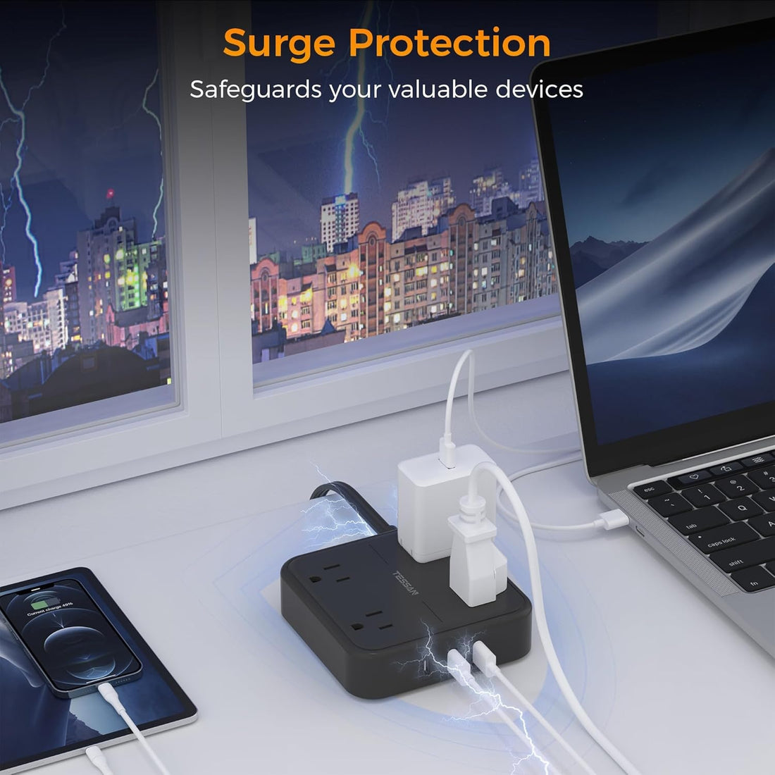 Black extension cord flat plug power strip with four outlets and USB ports
