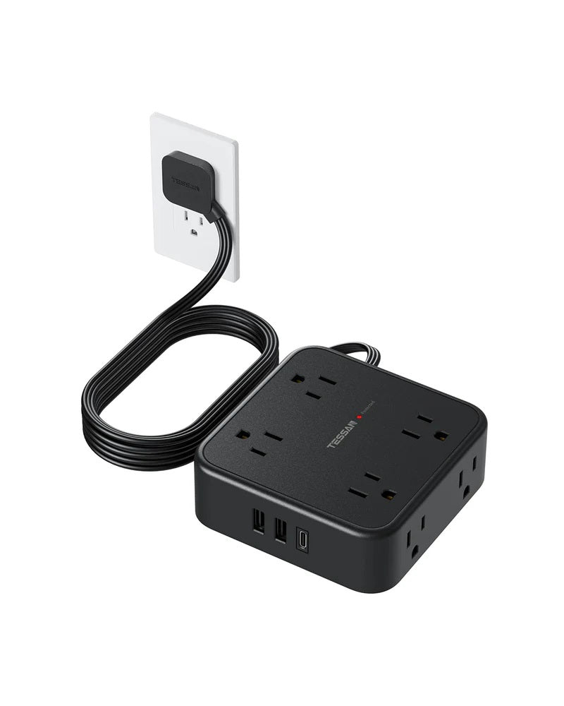 Extension cord with flat plug power strip for tight spaces and multiple outlets in black