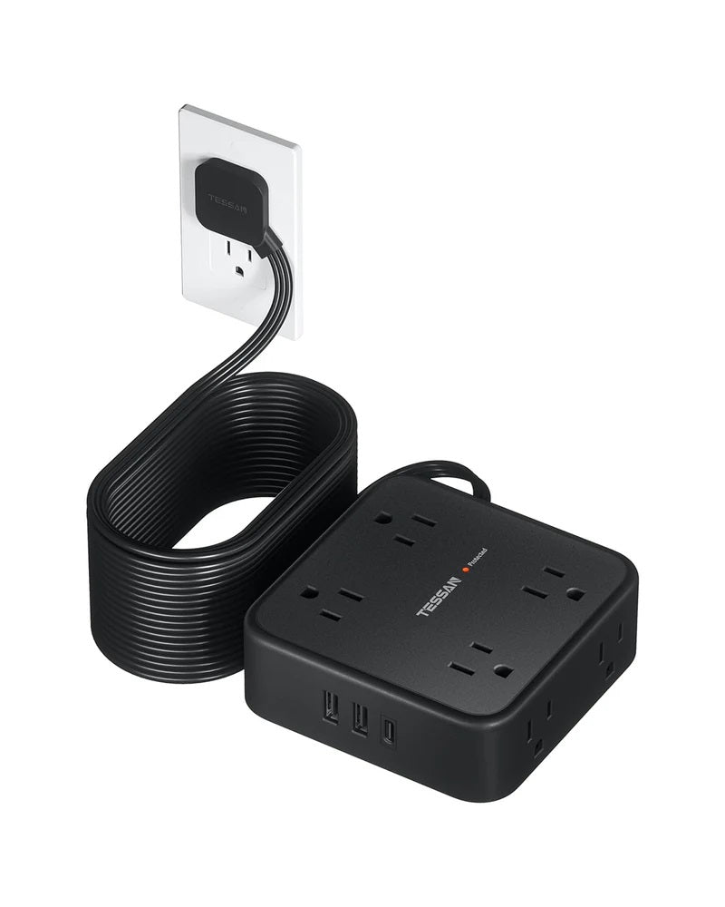 Extension cord with flat plug power strip for tight spaces and multiple outlets in black
