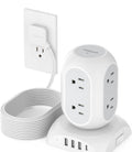 White extension cord with flat plug power strip for tight spaces and multiple outlets for device charging