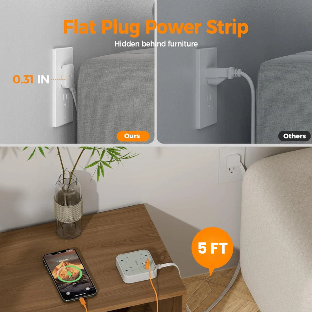 Flat Plug Power Strip with 5 ft cord and compact design for discreet placement behind furniture