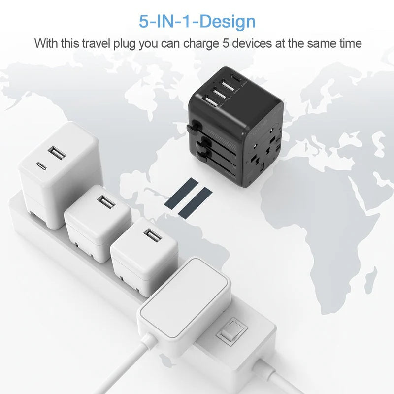 Portable universal charger for travel with 5-in-1 design charging five devices simultaneously