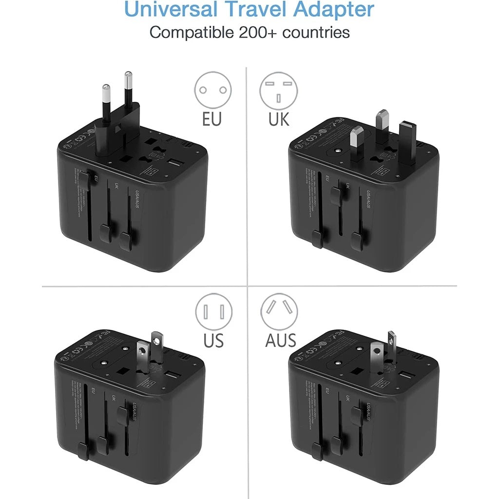Portable universal charger for travel with EU UK US AUS plug adapters compatible with 200 plus countries