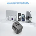 Portable universal charger for travel with multiple USB ports and universal compatibility for various devices