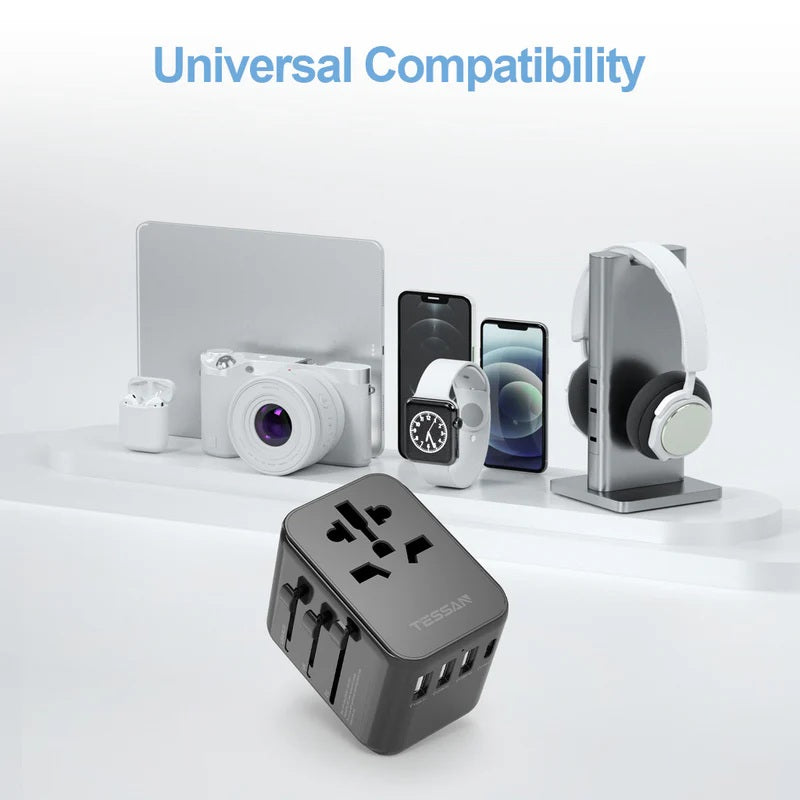 Portable universal charger for travel with multiple USB ports and universal compatibility for various devices