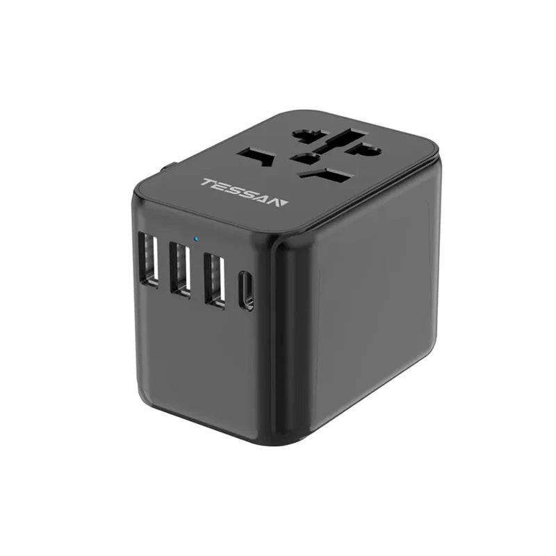 Portable universal charger for travel with multiple USB ports and international plug adapters