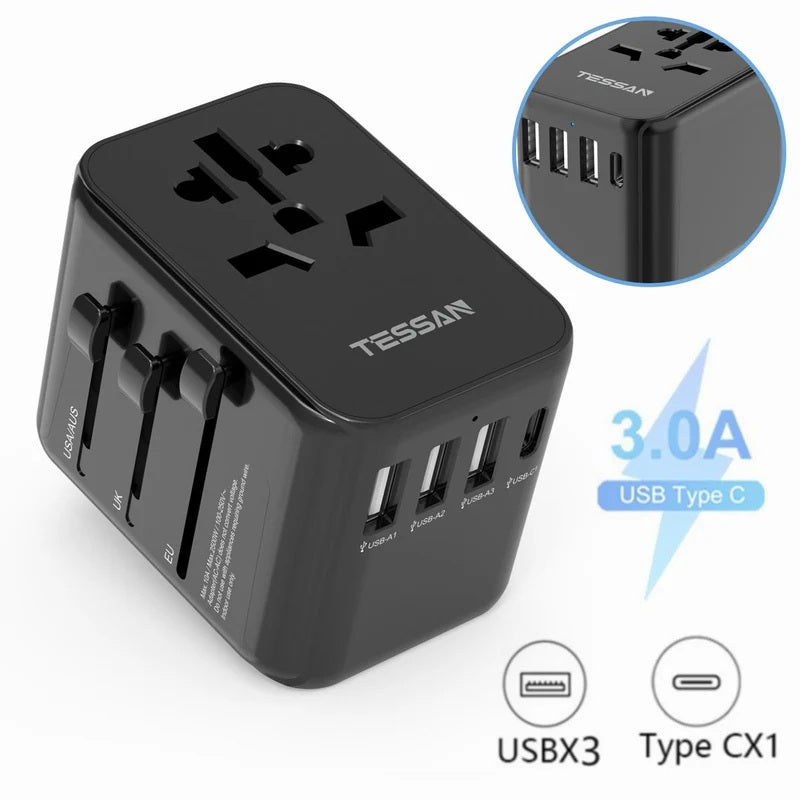 Portable universal charger for travel with multiple USB ports and Type C fast charging
