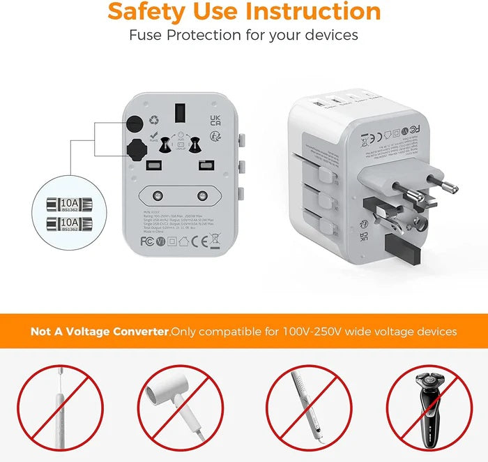 Portable universal charger for travel with fuse protection and multi-plug adapter for global use