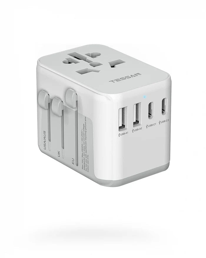 Portable universal charger for travel with multiple USB ports and international plug adapters