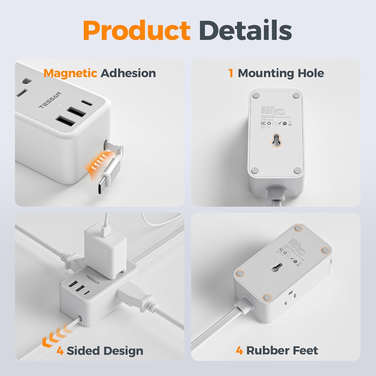 TESSAN retractable power strip with USB C featuring magnetic adhesion and a 4 sided design