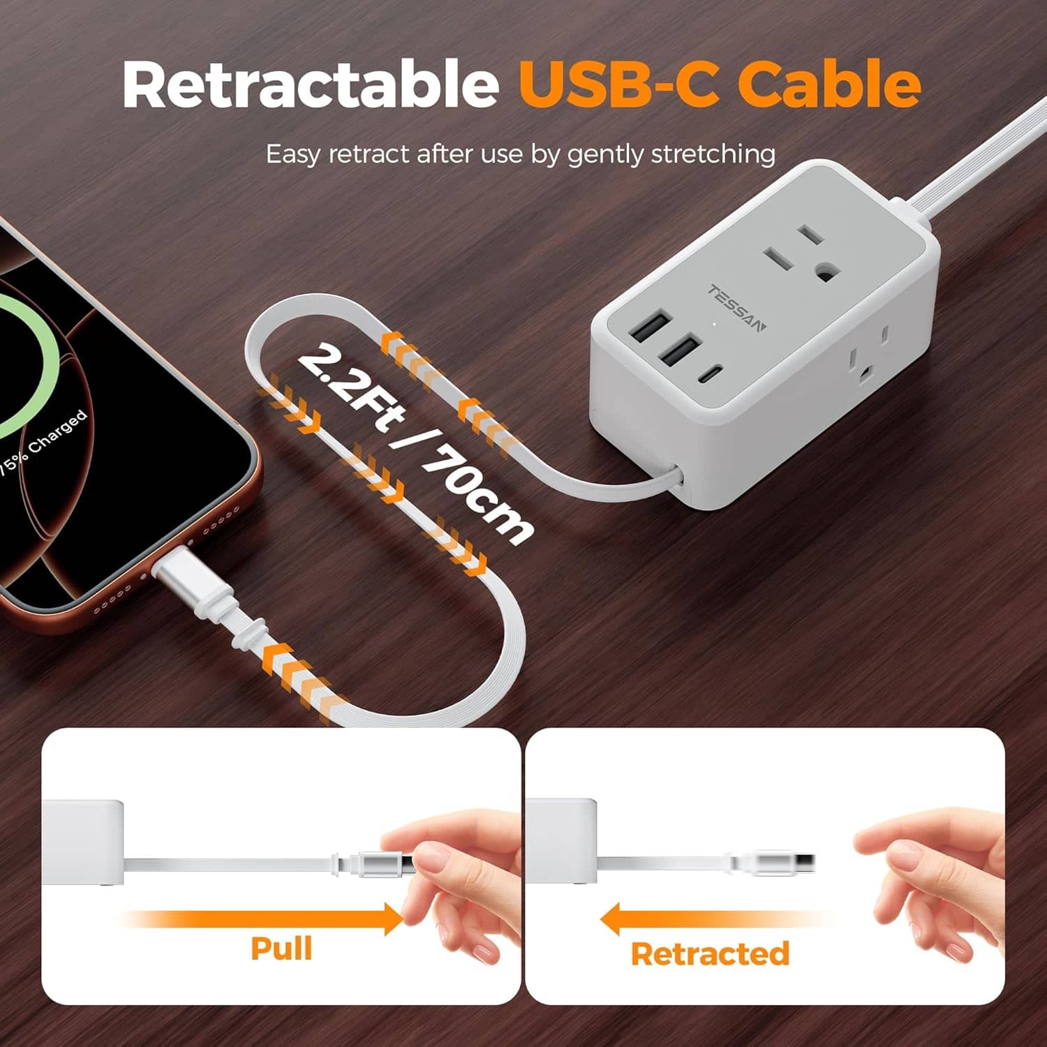 TESSAN Retractable Power Strip with USB C - 5ft Length | VMIDirect