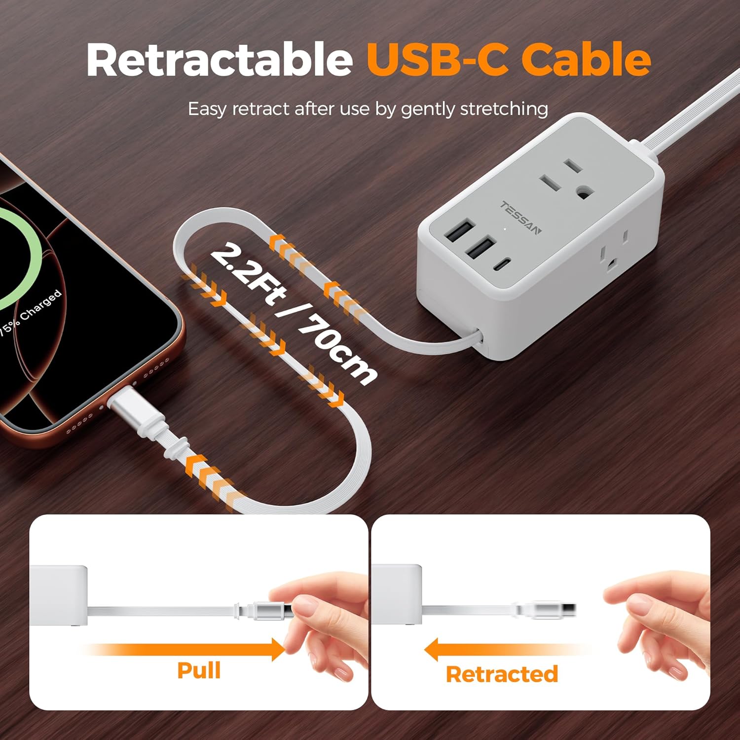 TESSAN retractable power strip with USB C featuring a 2.2Ft cable for easy charging.