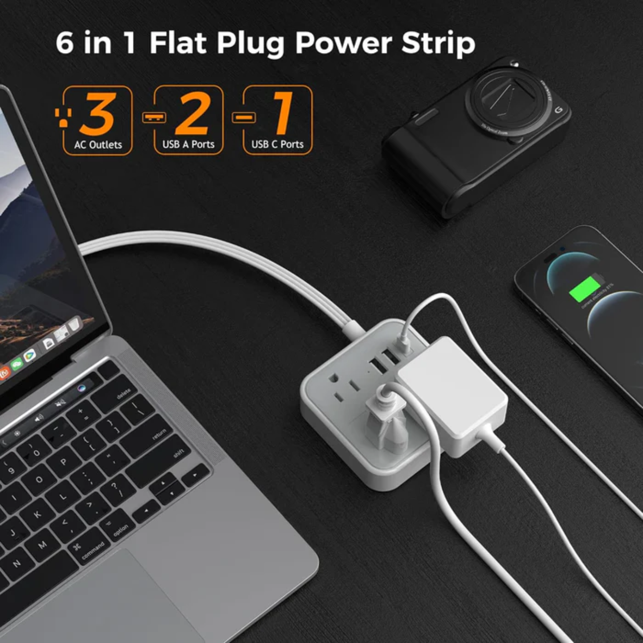 Slim power strip USB C with 3 AC outlets 2 USB A ports and 1 USB C port connected to laptop and phone