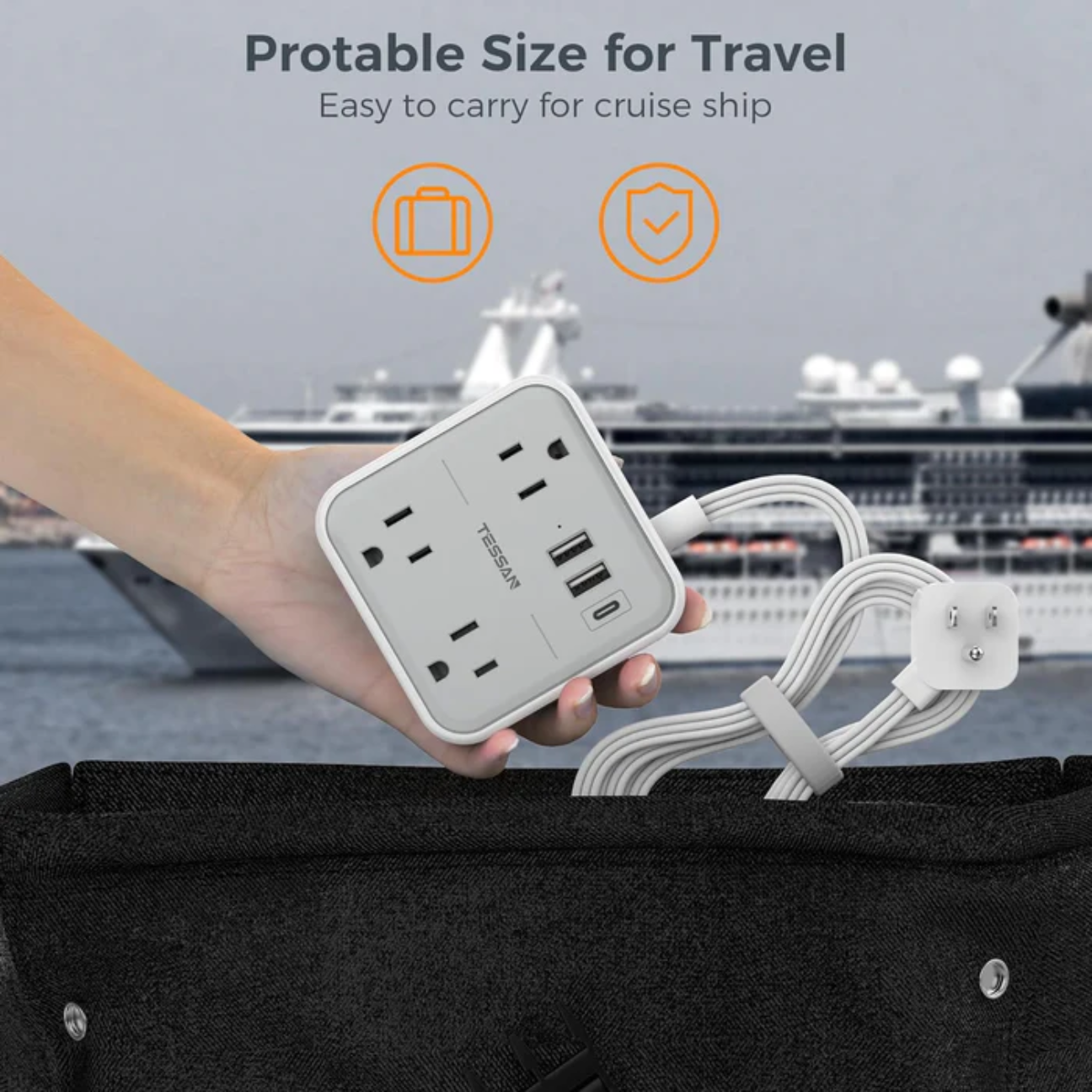 Slim power strip USB C with multiple outlets and USB ports held over a travel bag near cruise ship