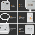 Slim power strip USB C with 3 AC outlets 2 USB-A ports 1 USB-C port 5ft extension cord