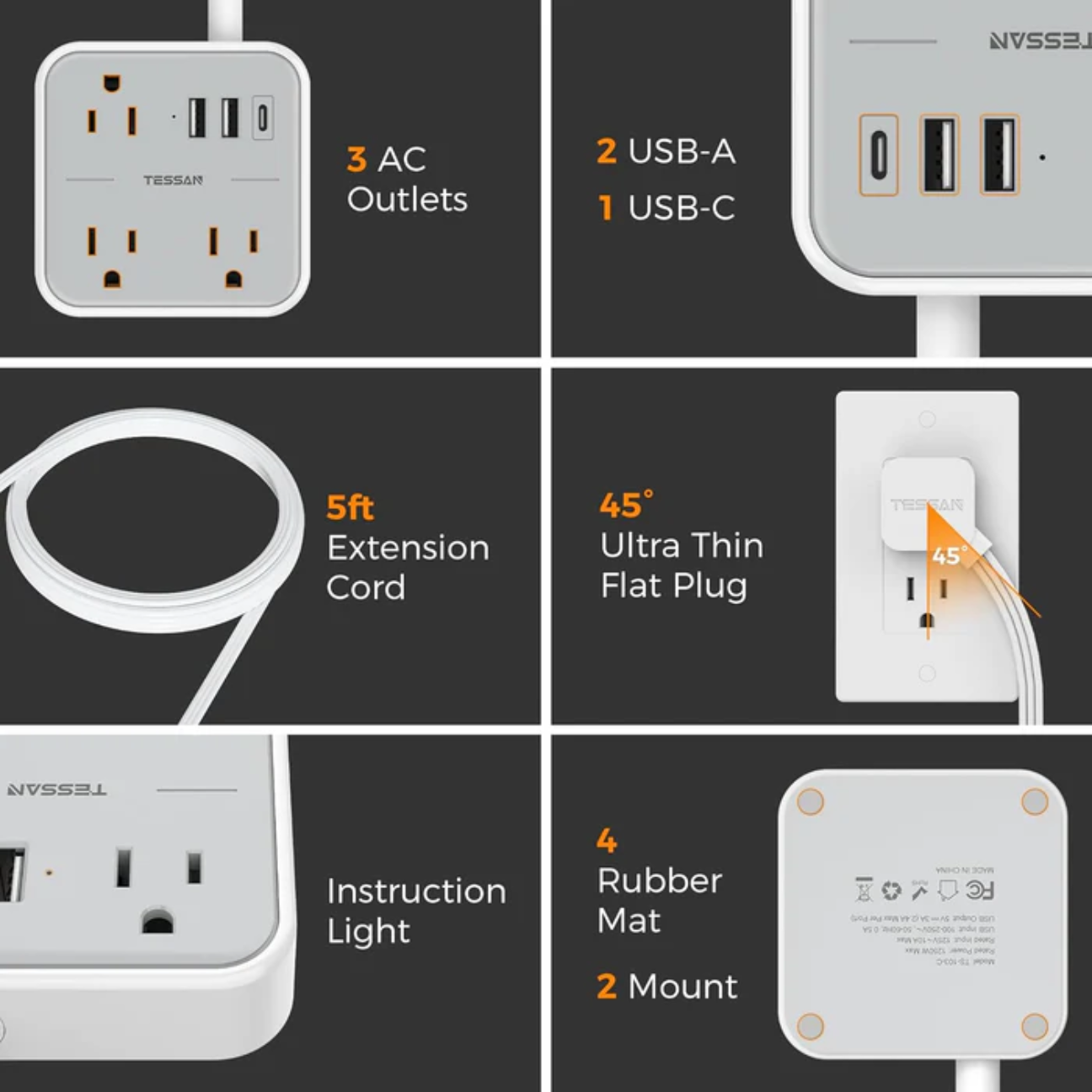 Slim power strip USB C with 3 AC outlets 2 USB-A ports 1 USB-C port 5ft extension cord