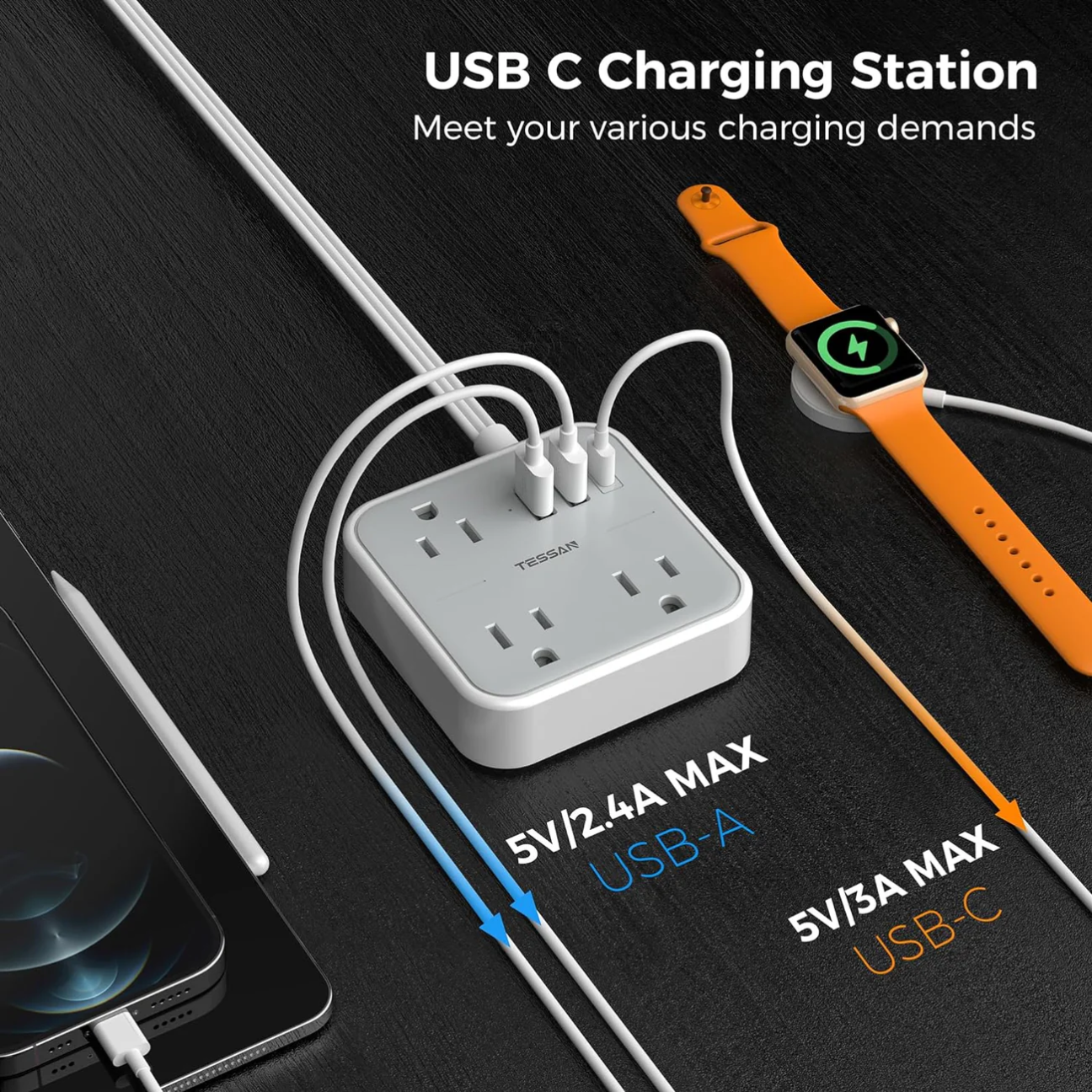 Slim power strip USB C with multiple USB ports charging smartwatch and phone