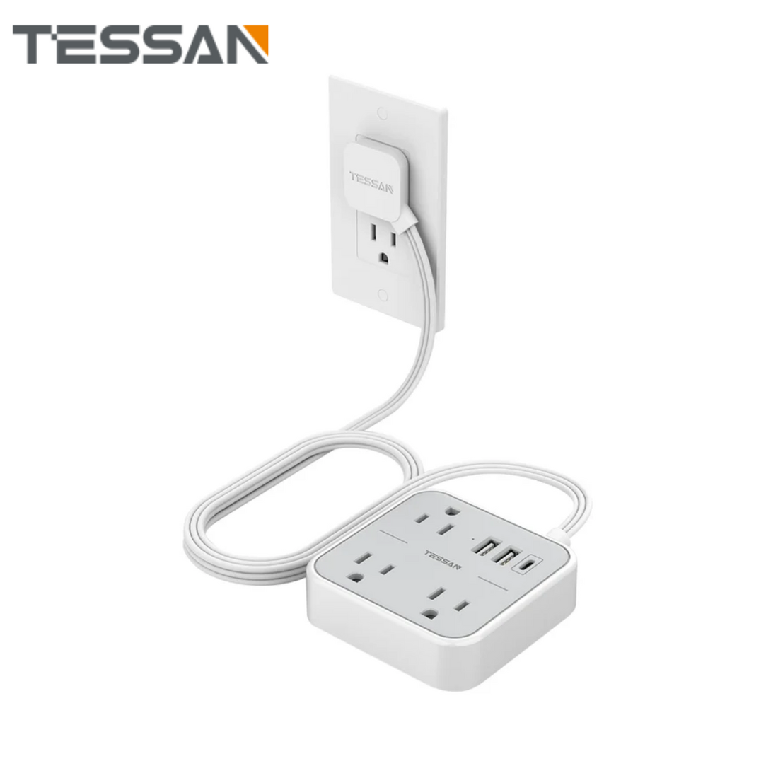 Slim power strip USB C extension cord with multiple outlets and USB charging ports in white