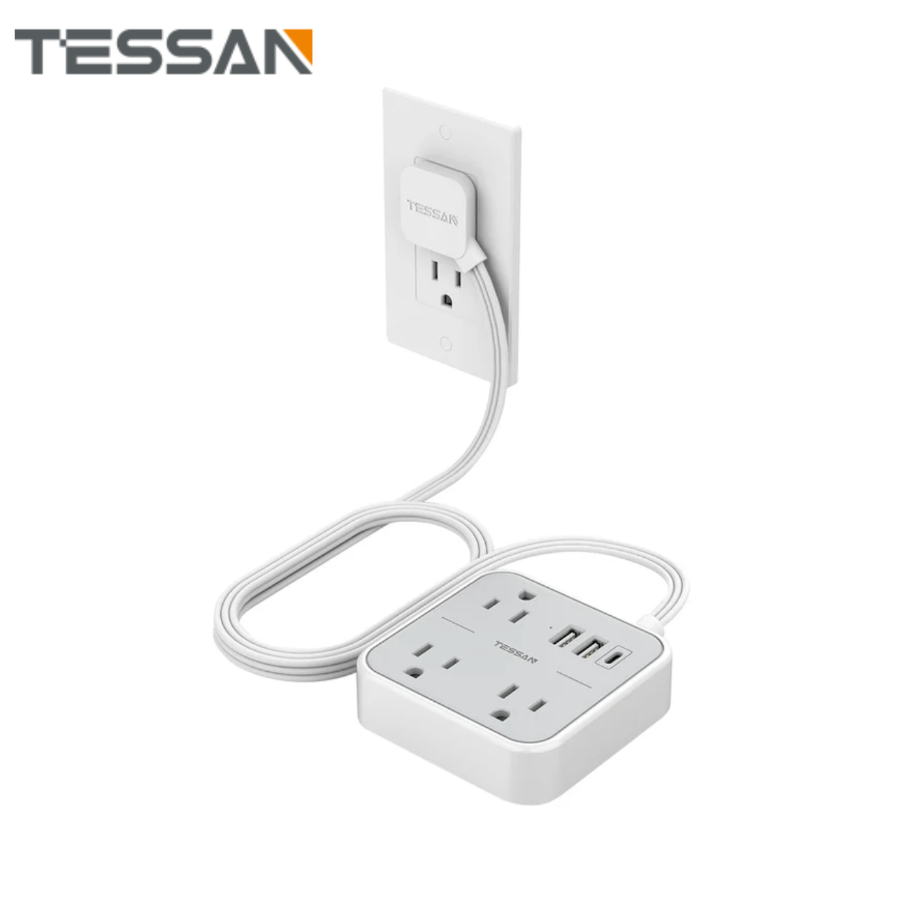 Slim power strip USB C extension cord with multiple outlets and USB charging ports in white