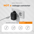 TESSAN TA02AUS International Power Adapter plugged into a wall outlet with safety information