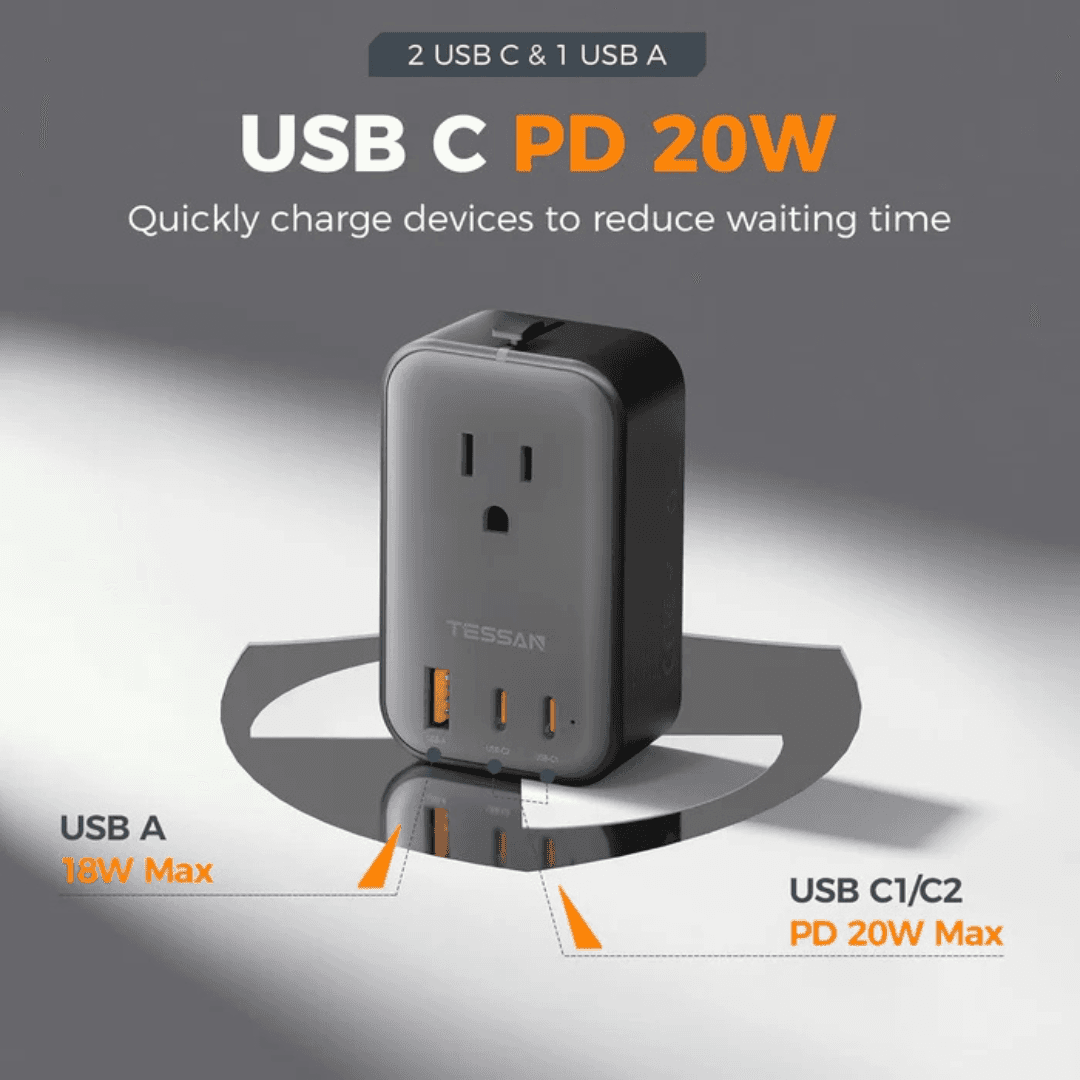 TESSAN TA02AUS International Power Adapter with USB C and A ports for fast charging devices