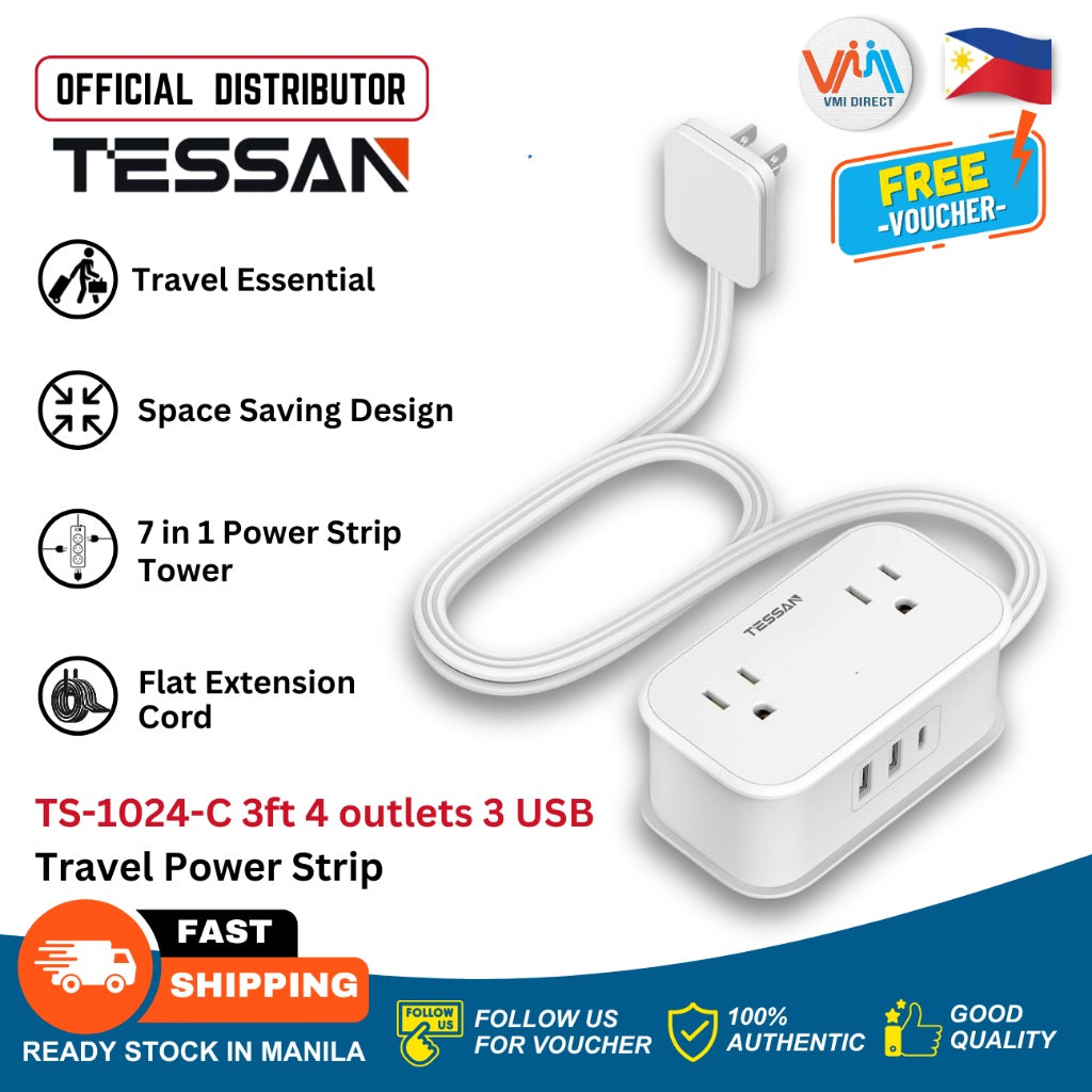 TESSAN Travel Power Strip with 4 outlets and 3 USB ports, compact design for travel convenience