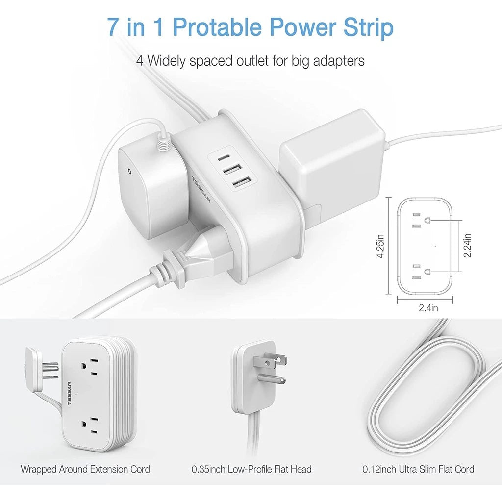 VMIDirect 7 in 1 Travel Power Strip with 4 widely spaced outlets and a low-profile flat head