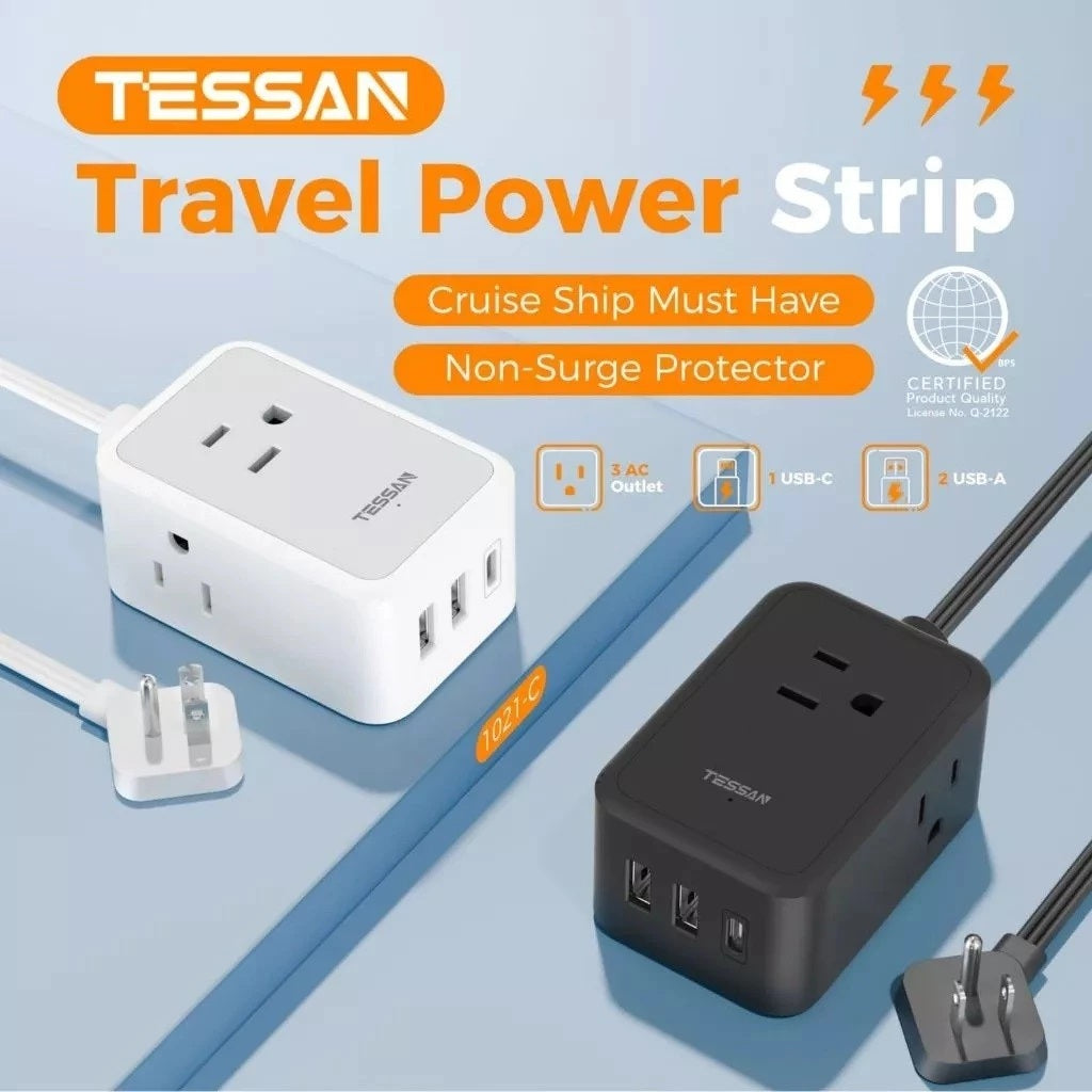 TESSAN Travel Power Strip with 1 AC Outlet and 4 USB Ports in Black and White for Easy Charging