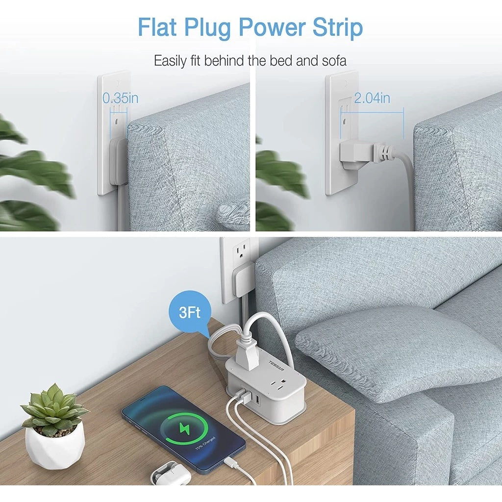 VMIDirect Travel Power Strip with flat plug design for easy use behind furniture