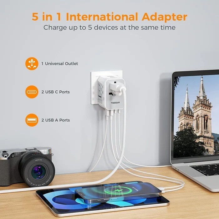 5 in 1 International Universal Travel Adapter with USB A and C ports for charging multiple devices
