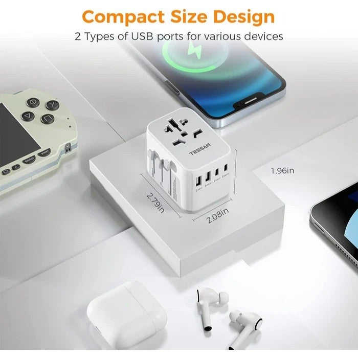 Universal Travel Adapter with compact design and multiple USB ports for charging various devices