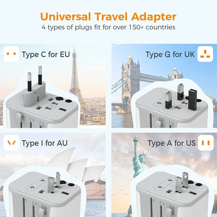 Universal Travel Adapter with Type C, G, I, and A plugs for over 150 countries