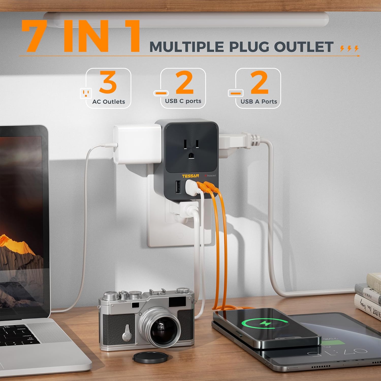 VMIDirect Wall Outlet Extender with 3 AC outlets and 4 USB ports for versatile charging needs