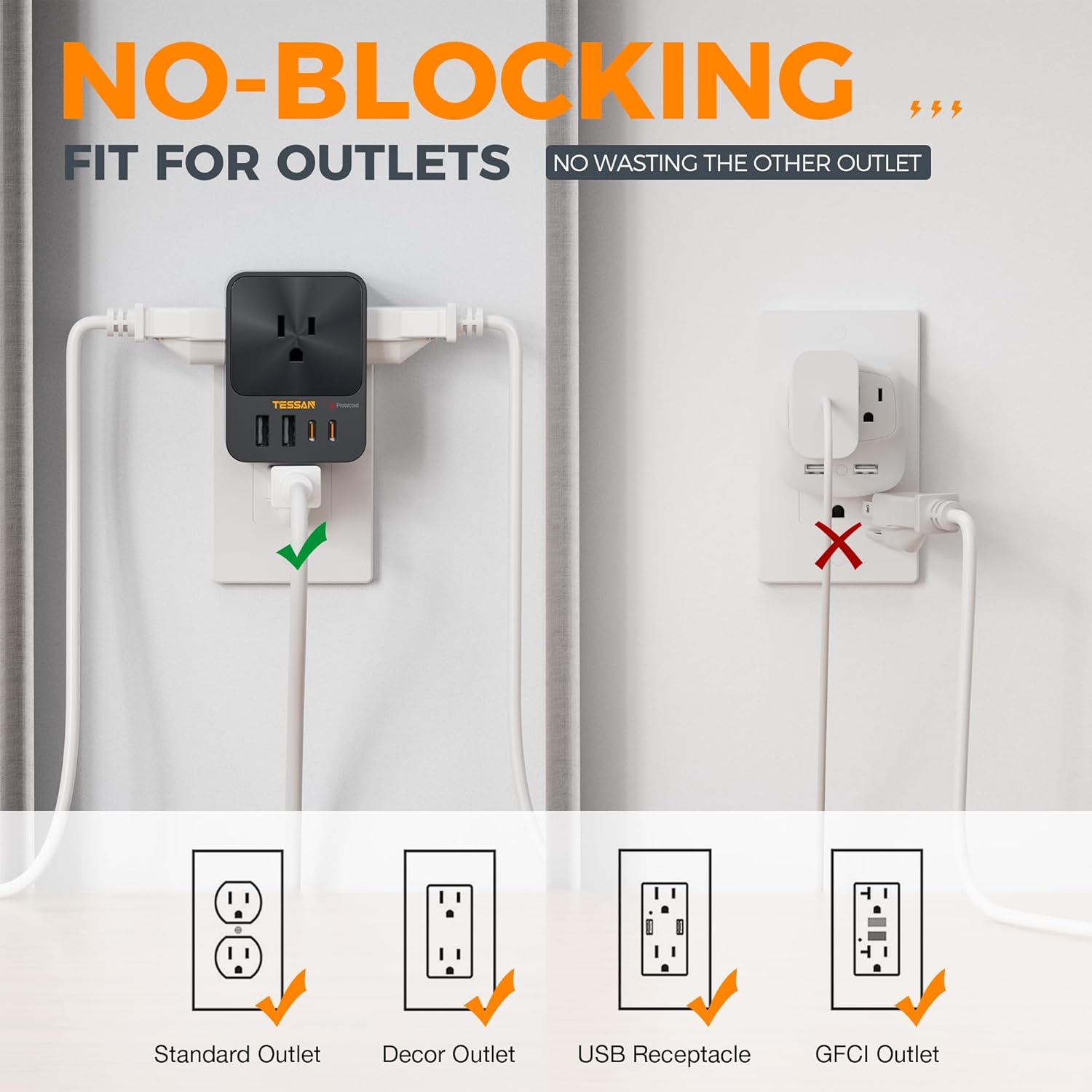 VMIDirect Wall Outlet Extender with USB ports and no-blocking design for efficient power use