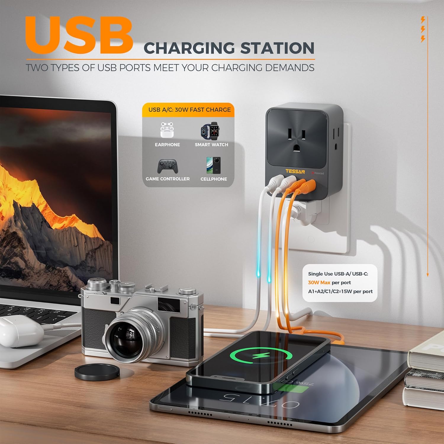 VMIDirect Wall Outlet Extender with USB Charging Station for multiple devices