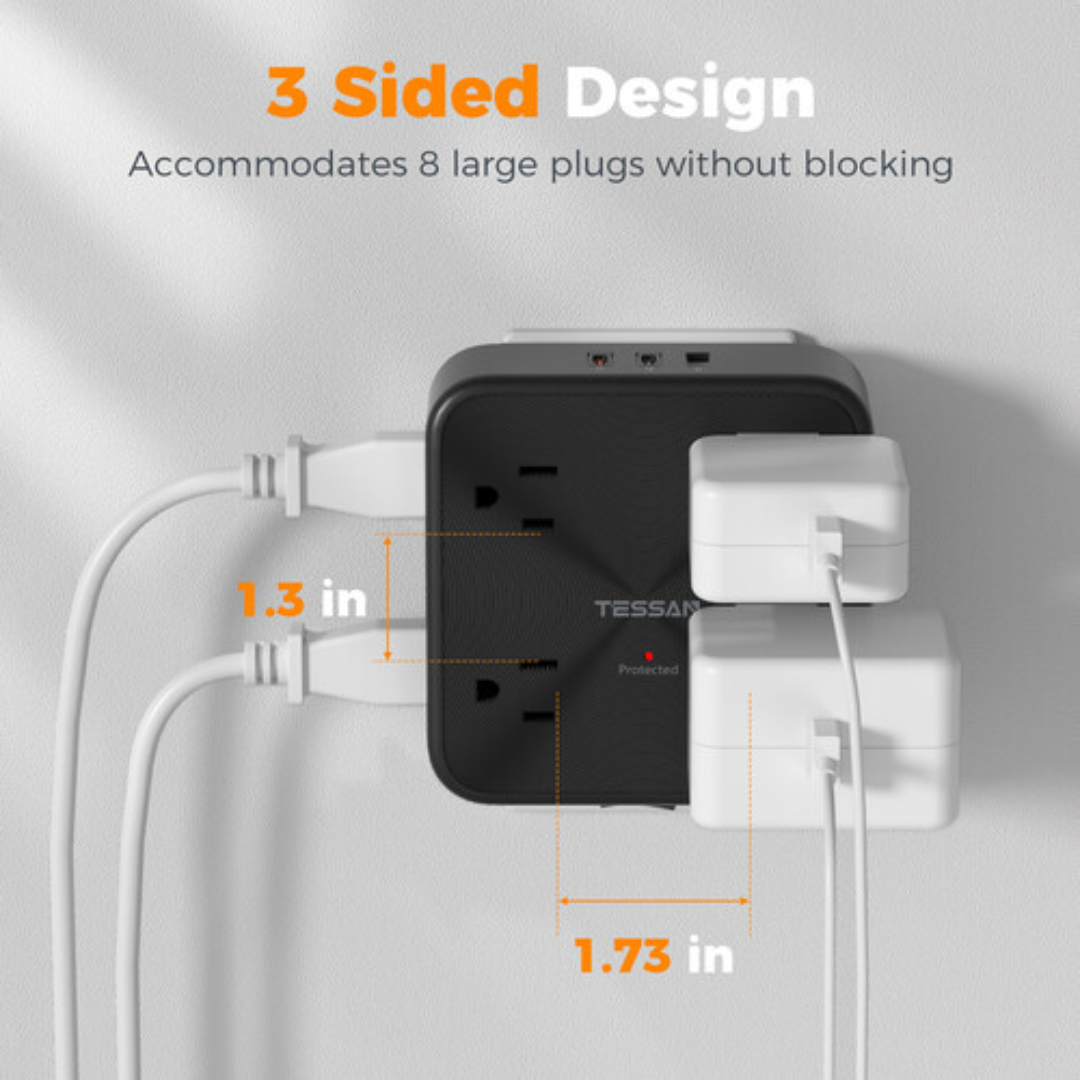 Tessan WS01AUS Wall outlet with 3 sided design accommodating 8 plugs without blocking