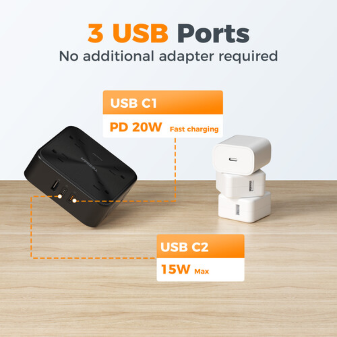Tessan WS01AUS Wall outlet with 3 USB ports and fast charging capabilities for versatile charging