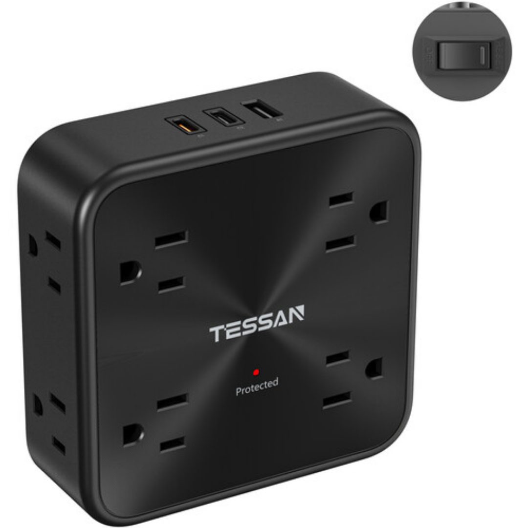 Tessan WS01AUS Wall outlet with multiple sockets and USB ports in sleek black design
