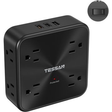 Tessan WS01AUS Wall outlet with multiple sockets and USB ports in sleek black design