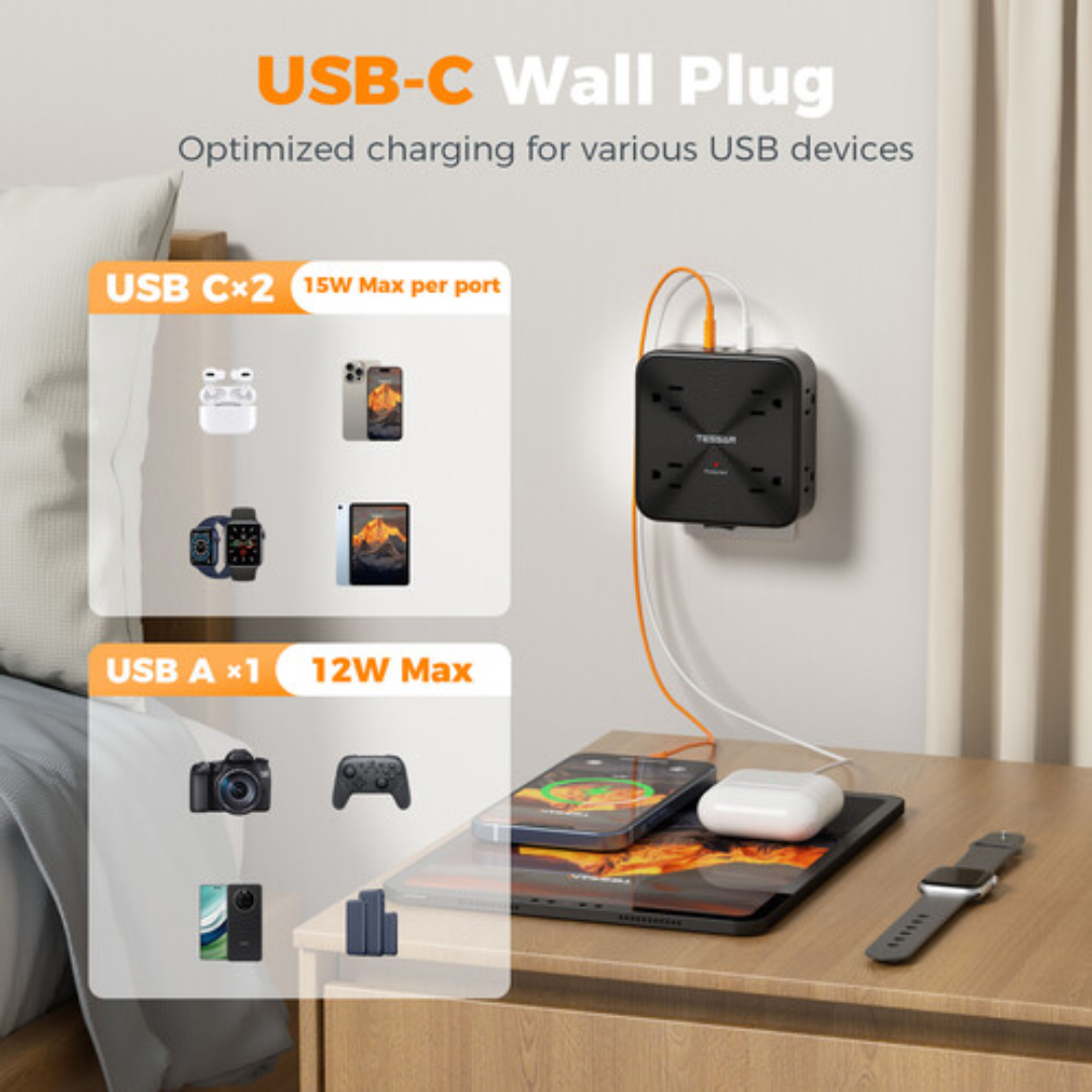 Tessan WS01AUS Wall outlet featuring USB-C ports for optimized charging of devices