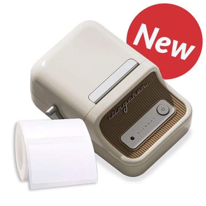 VMIDirect Thermal Label Printer in beige with a roll of blank labels for easy label printing